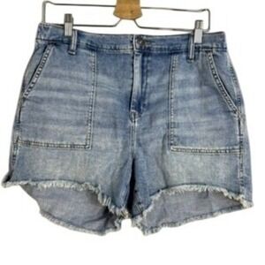 Aerie Denim Distressed Frayed Hem High Waisted Shorts Light Wash L G